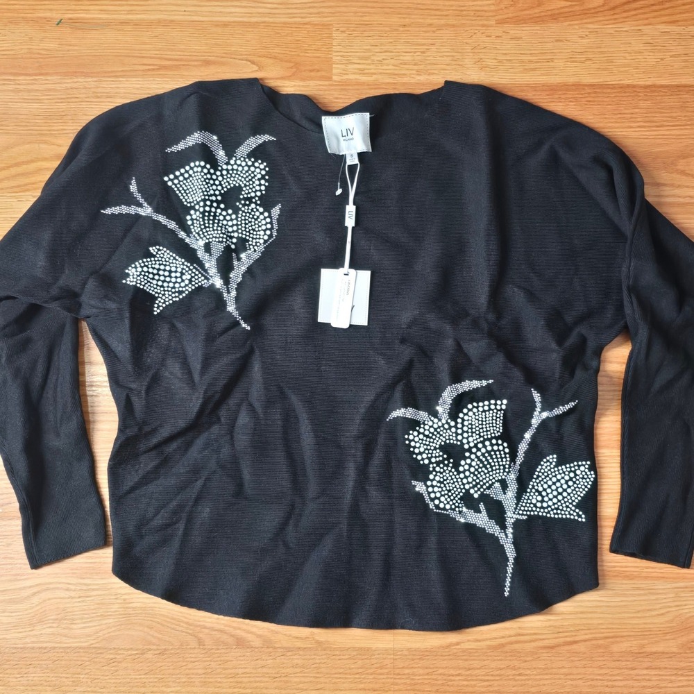 LIV Black Knit Rhinestone Floral Embellished Sweater Long Sleeve Pullover Top S‎